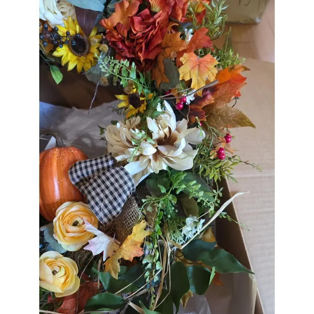 Handmade Autumn Fall Wreath Pumpkin Sunflower Buffalo Plaid Farmhouse Orange...